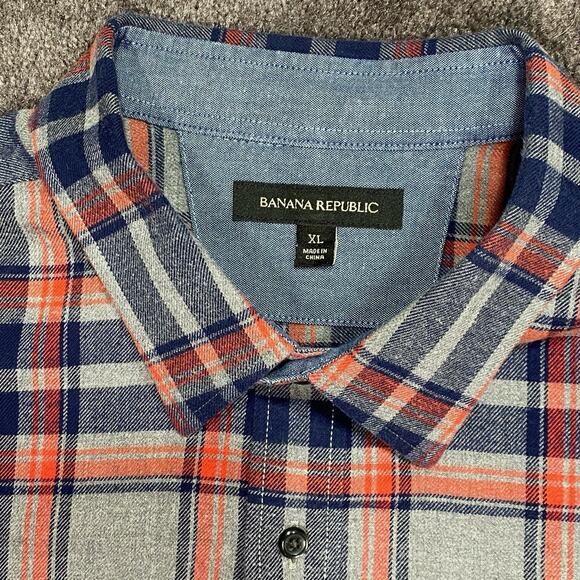Banana Republic Men XL Gray Blue Red Plaid Flannel Long Sleeve Button Down Shirt - Picture 4 of 13